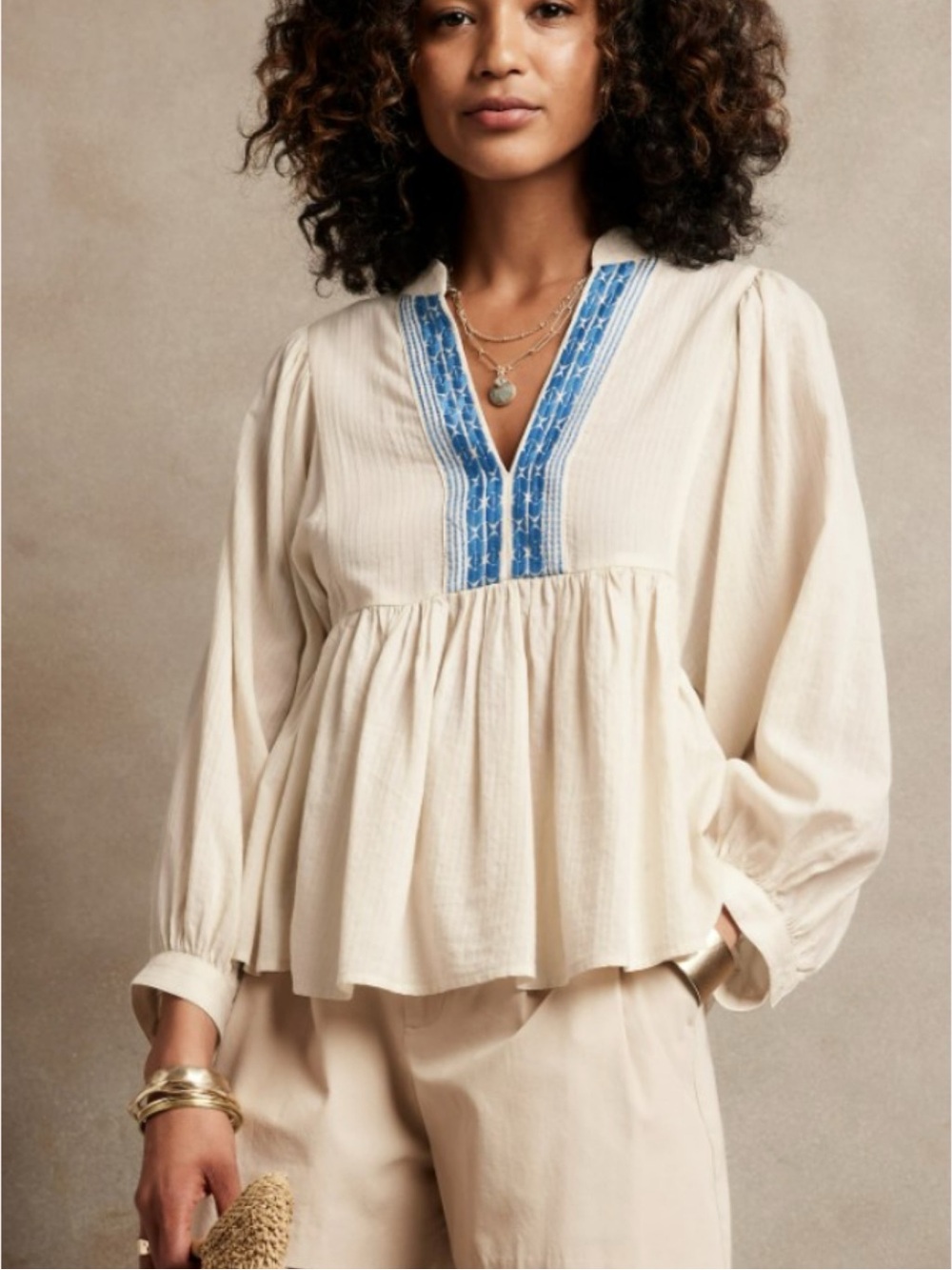 Banana Republic Embroidered Cotton Gauze Balloon Sleeve Top Cream Boho Beach XS
